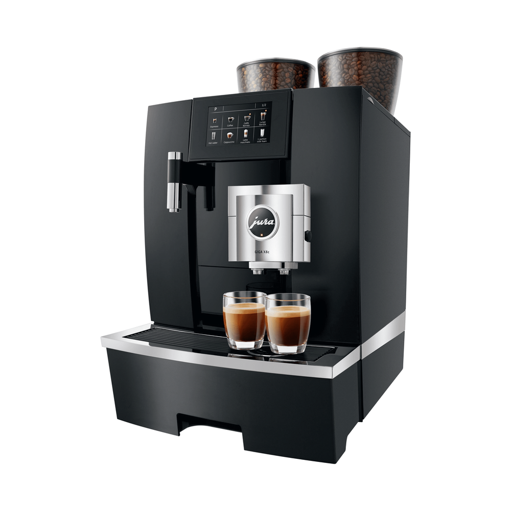 JURA GIGA X8c – de beste volautomatische koffiemachine voor professioneel gebruik, met nieuw binnenwerk, robuuste combi-uitloop en intuïtieve touch display. Inclusief gratis dealerpakket.