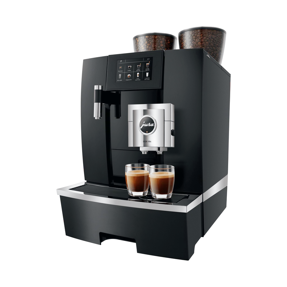 JURA GIGA X8c – de beste volautomatische koffiemachine voor professioneel gebruik, met nieuw binnenwerk, robuuste combi-uitloop en intuïtieve touch display. Inclusief gratis dealerpakket.
