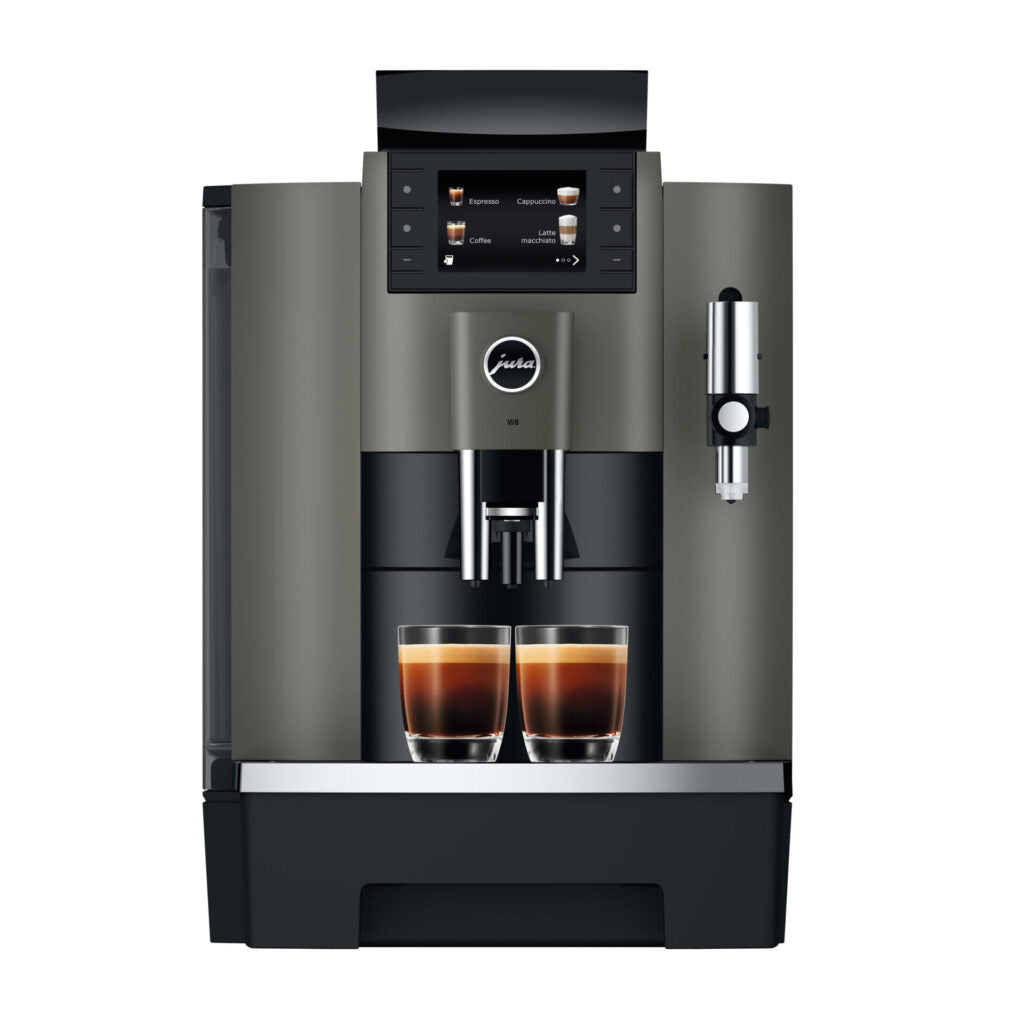 JURA W8 Dark Inox koffiemachine - De beste volautomatische koffiemachine met 17 koffiespecialiteiten, Professional Aroma Grinder en Pulse Extraction Process voor optimale koffieprestaties.
