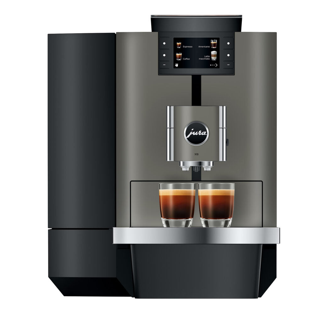JURA X10 Dark Inox koffiemachine - Beste volautomatische koffiemachine met 36 koffiespecialiteiten, inclusief Cold Brew en One-Touch Lungo-functie voor professioneel gebruik.